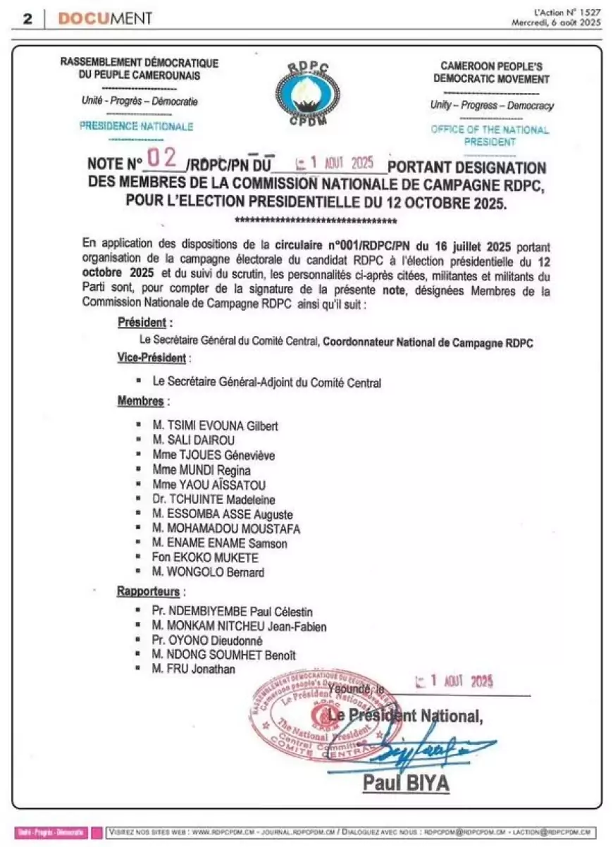Le RDPC se prépare activement pour la présidentielle du 12 octobre 2025