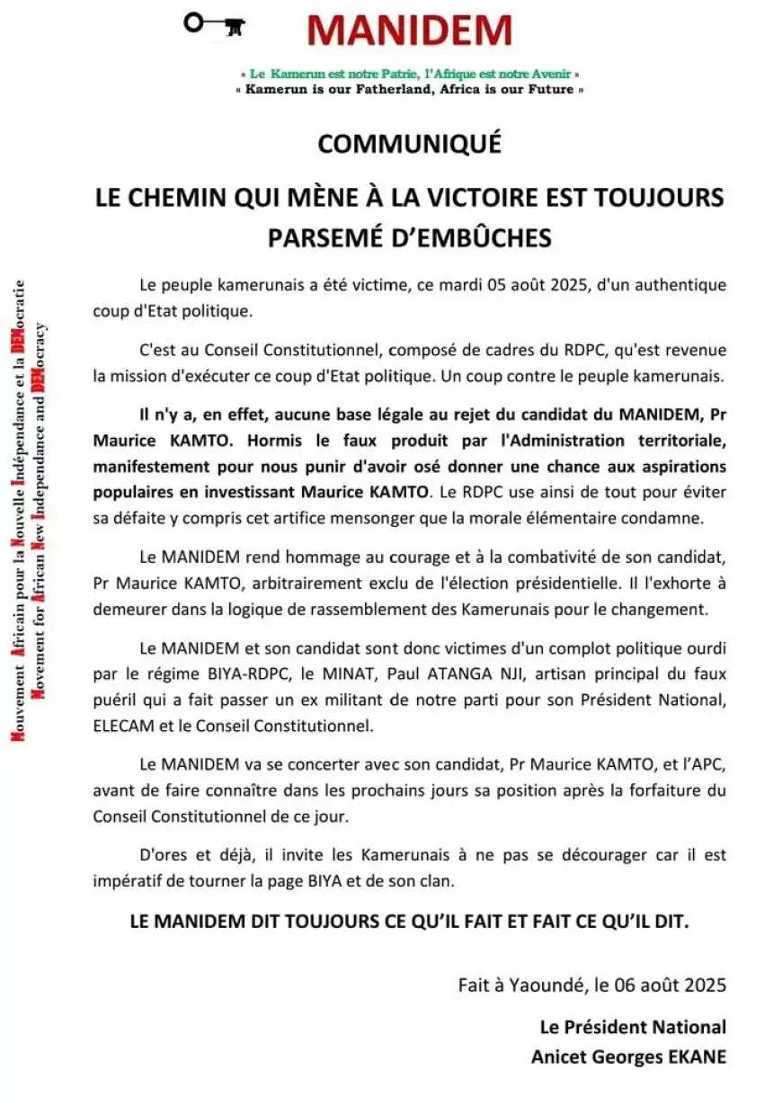 RÉACTION DE ANICET EKANE APRÈS LE REJET DE LA CANDIDATURE DE MAURICE KAMTO PAR LE CONSEIL CONSTITUTIONNEL