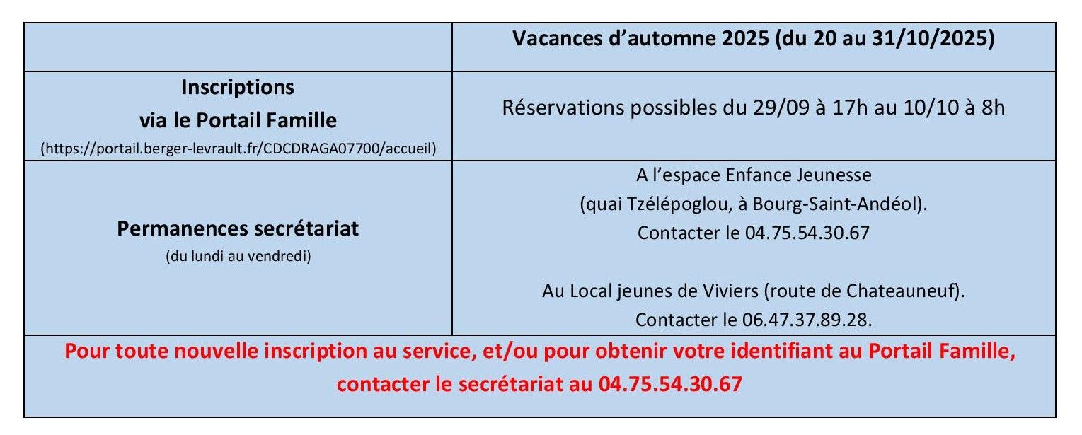 Inscriptions vacances d'automne 2025 Inscriptions vacances d'automne 2025