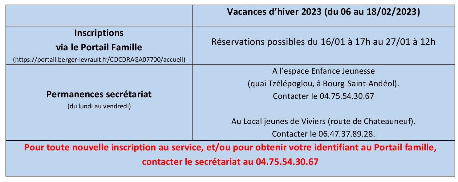 Inscriptions vacances d'hiver 2023 Inscriptions vacances d'hiver 2023