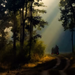 A safari jeep driving through a misty Indian forest at dawn