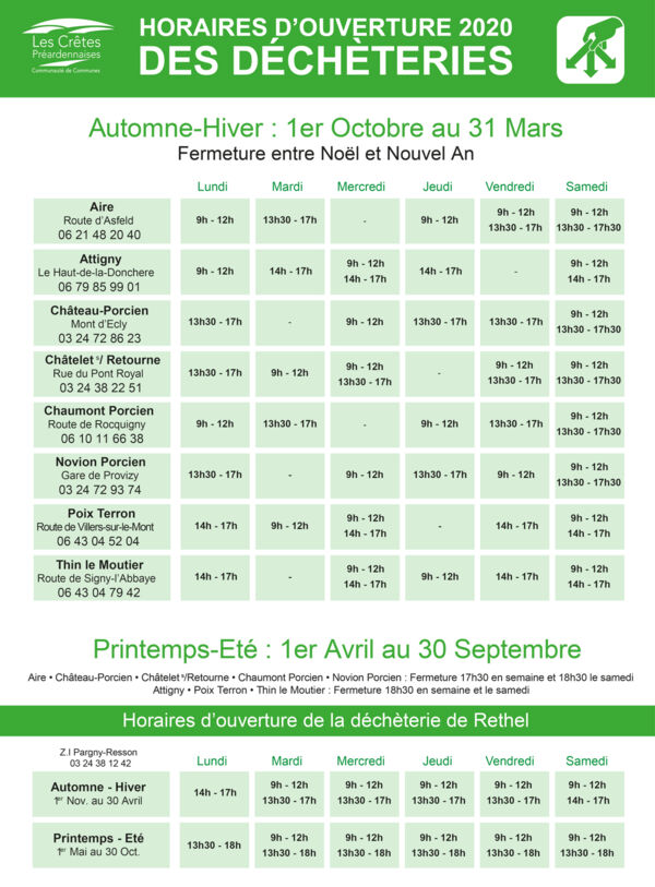 Horaires 2020 des déchèteries des Crêtes Préardennaises