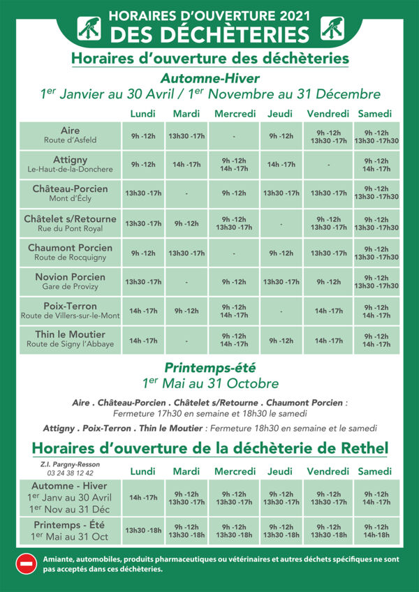 Horaires 2021 des déchèteries des Crêtes Préardennaises