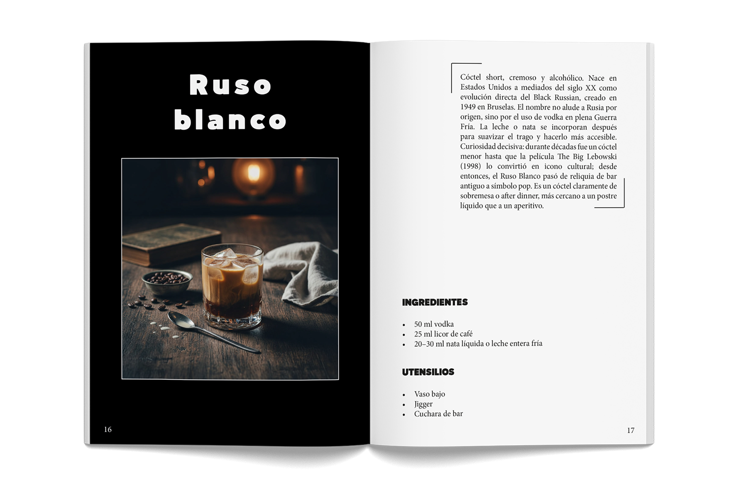 Doble página real del libro: Ruso blanco, fotografía del cóctel, su historia, ingredientes y utensilios