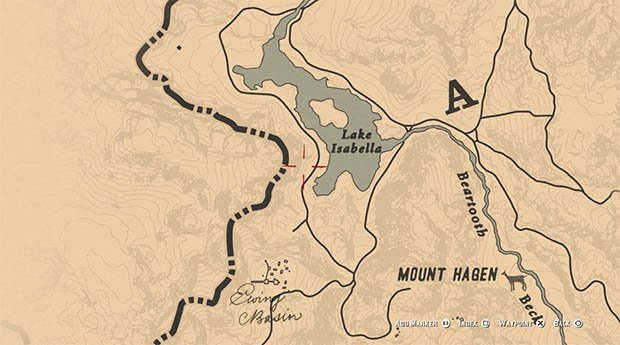 Le cheval blanc se trouve près du lac Isabella dans la partie nord-ouest de la carte.