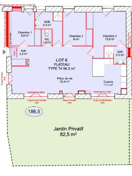 plateau T4 94m2 avec jardin et parking Gleizé 69400