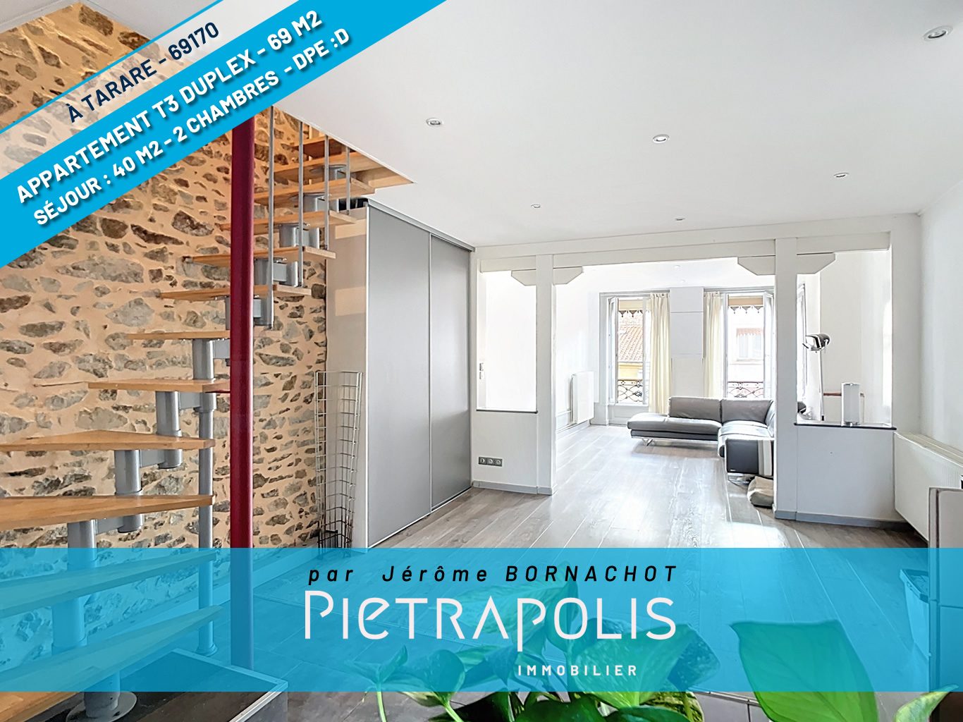 TARARE CENTRE – APPARTEMENT T3 EN DUPLEX – 70 M² – 2 CHAMBRES – LUMINEUX – AUCUN TRAVAUX – DPE : D