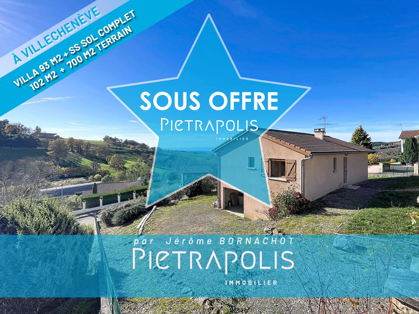 Villa plain-pied de 93 m2 à Villechenève – 3 chambres, sous-sol complet de 102 m2 avec vue panoramique