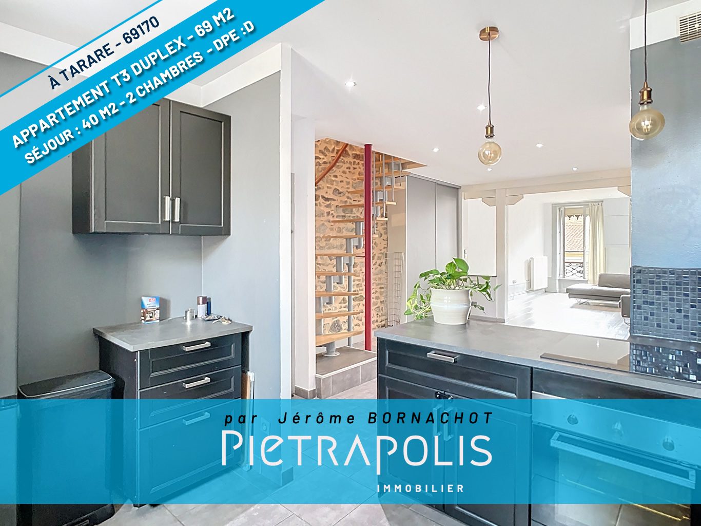 TARARE CENTRE – APPARTEMENT T3 EN DUPLEX – 70 M² – 2 CHAMBRES – LUMINEUX – AUCUN TRAVAUX – DPE : D
