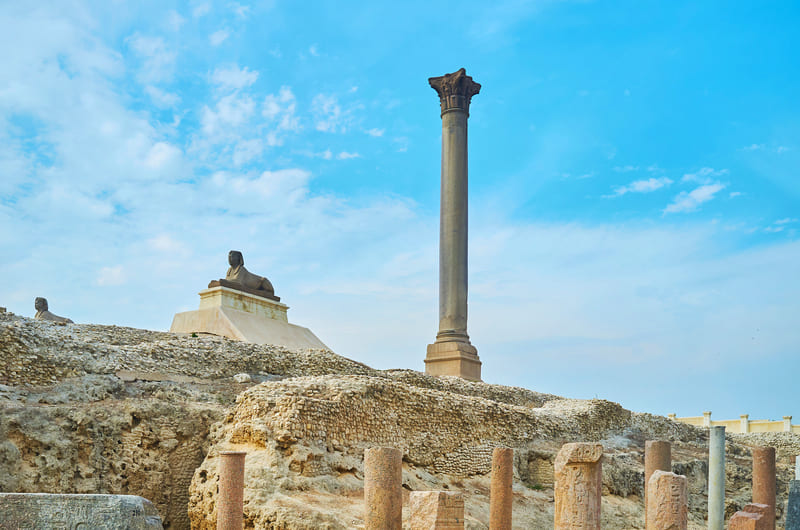 Pompey`s Pillar and Serapeum ruins in Alexandria