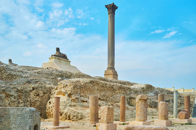 Pompey`s Pillar and Serapeum ruins in Alexandria