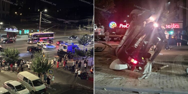 В Кишинёве у цирка произошло серьёзное ДТП: перевернулась машина, трое пострадавших доставили в больницу