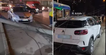 В Кишинёве троллейбус зацепил провода праздничной иллюминации. Столб упал на проезжую часть