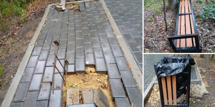 В Рышкановском лесопарке в Кишинёве вандалы сломали плитку, скамейки и урны