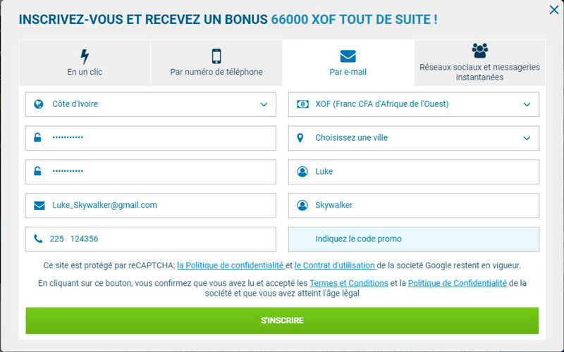 1xbet s'enregistrer