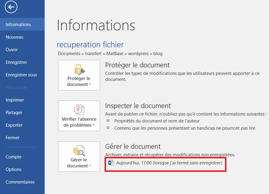 Recuperer un fichier word non enregistrer
