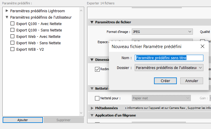 Enregistrer parametre lightroom