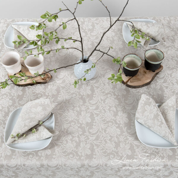 Grey linen tablecloth with flower ornaments