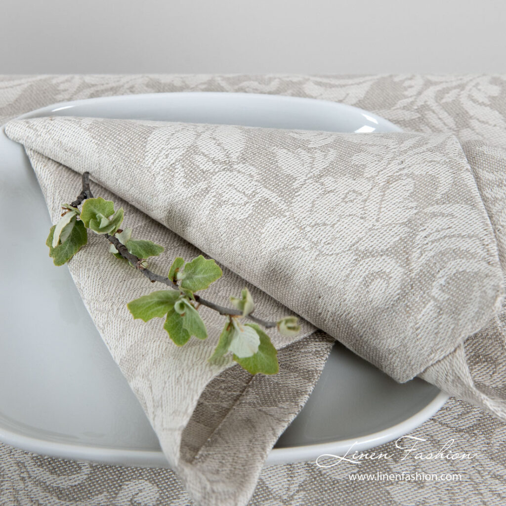 FLORA Serviette de table beige 2 Jacquard linen napkin with grey flowers