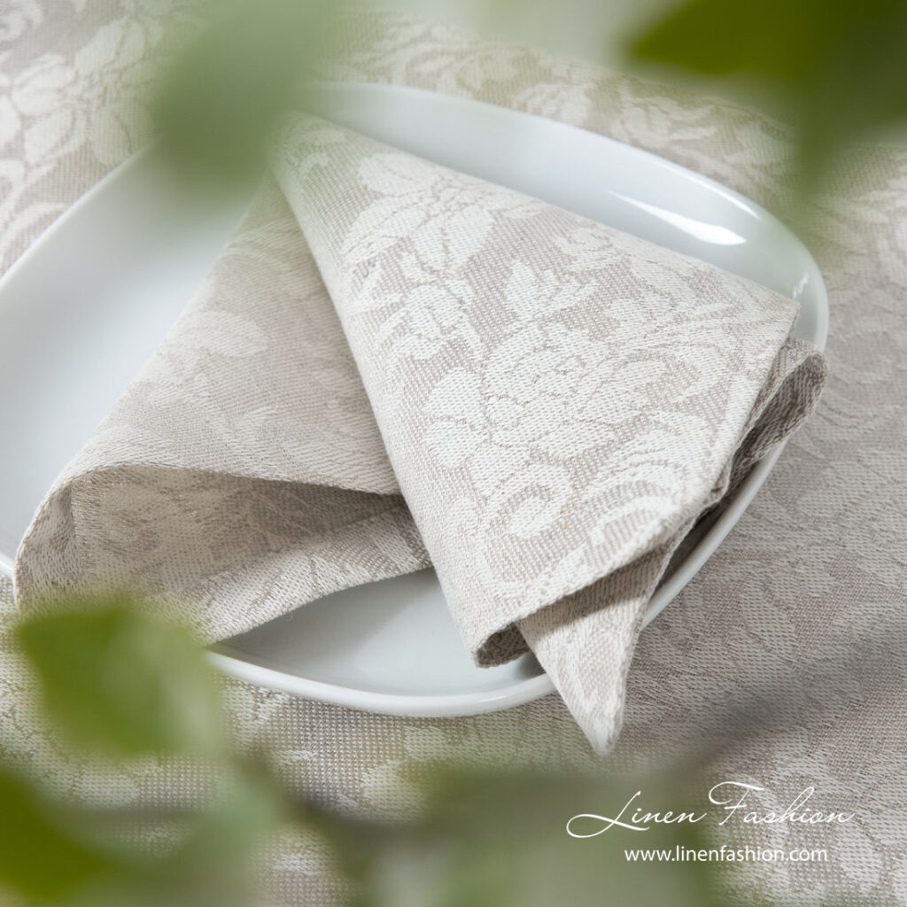 FLORA Serviette de table beige 3 Light grey and white table napkin from medium weight jacquard linen / cotton fabric in floral ornaments