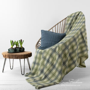 ROCCA Couverture à carreaux 9 Linen cotton green checked blanket.