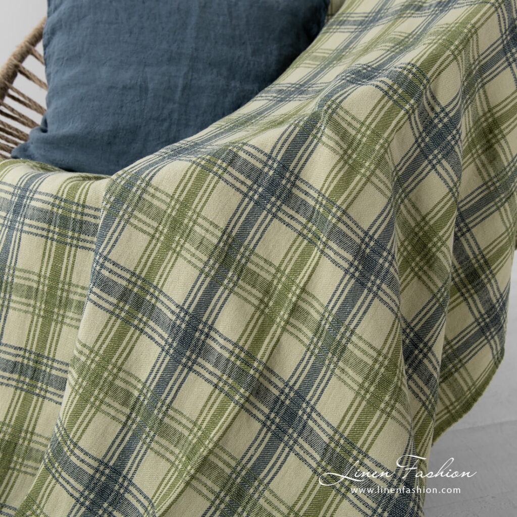 ROCCA Couverture à carreaux 4 Linen cotton green checked blanket, blue green.