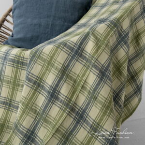 ROCCA Couverture à carreaux 12 Linen cotton green checked blanket, blue green.