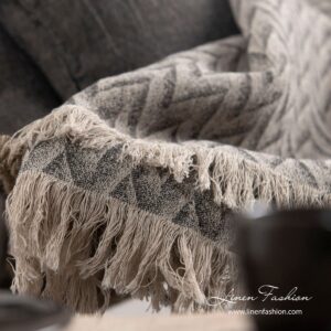 JAPAN Couverture gris 12 Grey linen cotton blanket with loose fringes