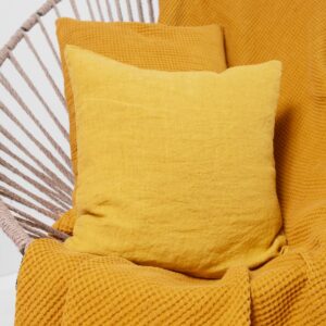 BINGO Couverture jaune moutarde 11 Yellow linen cotton blanket, with cushion covers