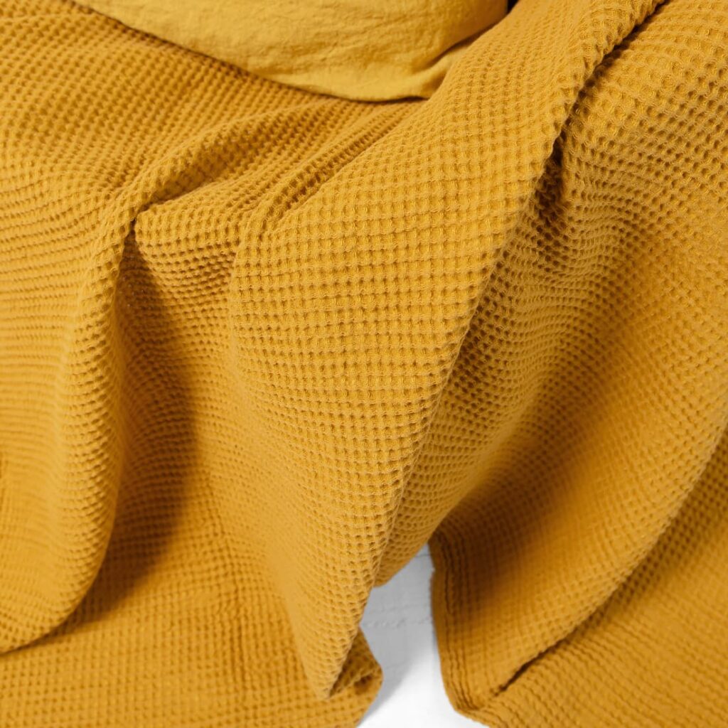 BINGO Couverture jaune moutarde 4 Yellow linen cotton blanket, washed