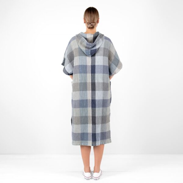 grey blue linen poncho bingo from backside.