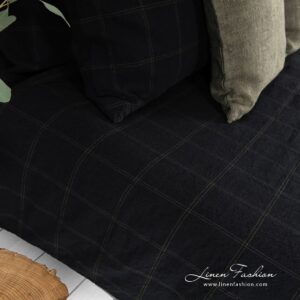 BOSKA Linge de lit 11 BOSKA black linen cotton duvet cover with green checks