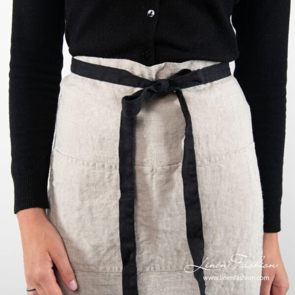 Natural flax color linen apron with black ties