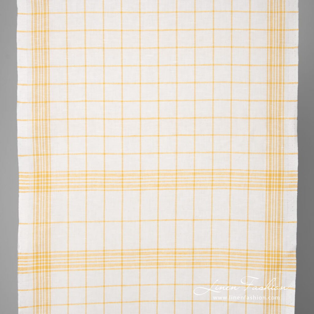 Tissu en coton lin blanc à carreaux jaunes 1 White fabric with green checks narrow width