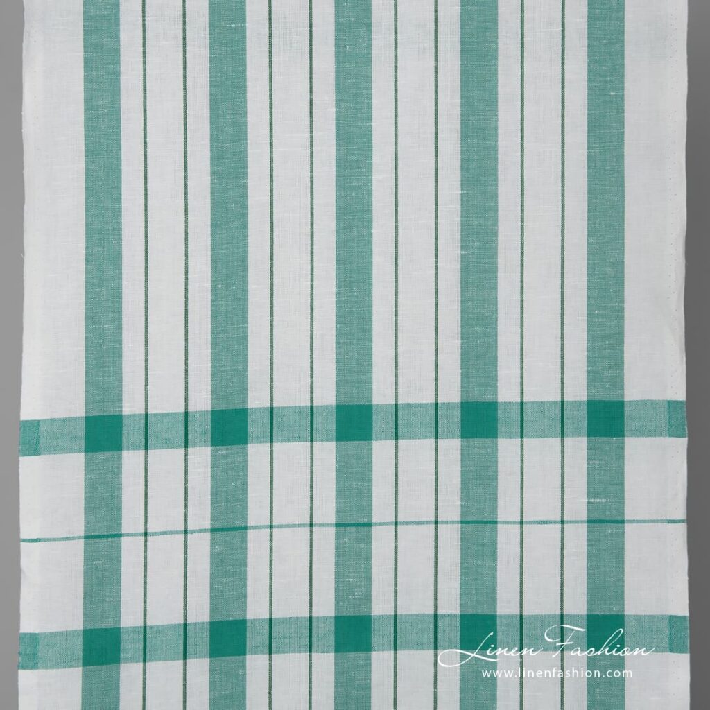 Tissu en coton lin blanc à rayures vertes 1 White linen cotton fabric with green stripes