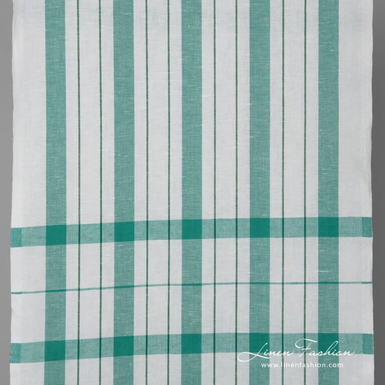 White linen cotton fabric with green stripes