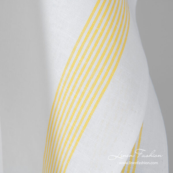 White linen cotton fabric with thin yellow stripes