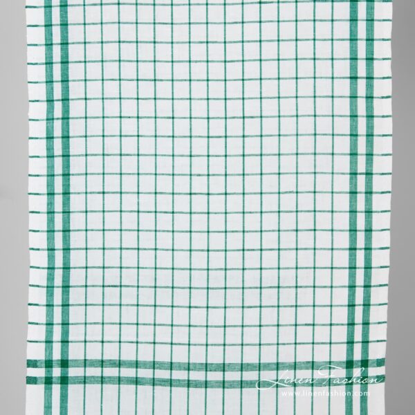 White linen cotton fabric in green checks