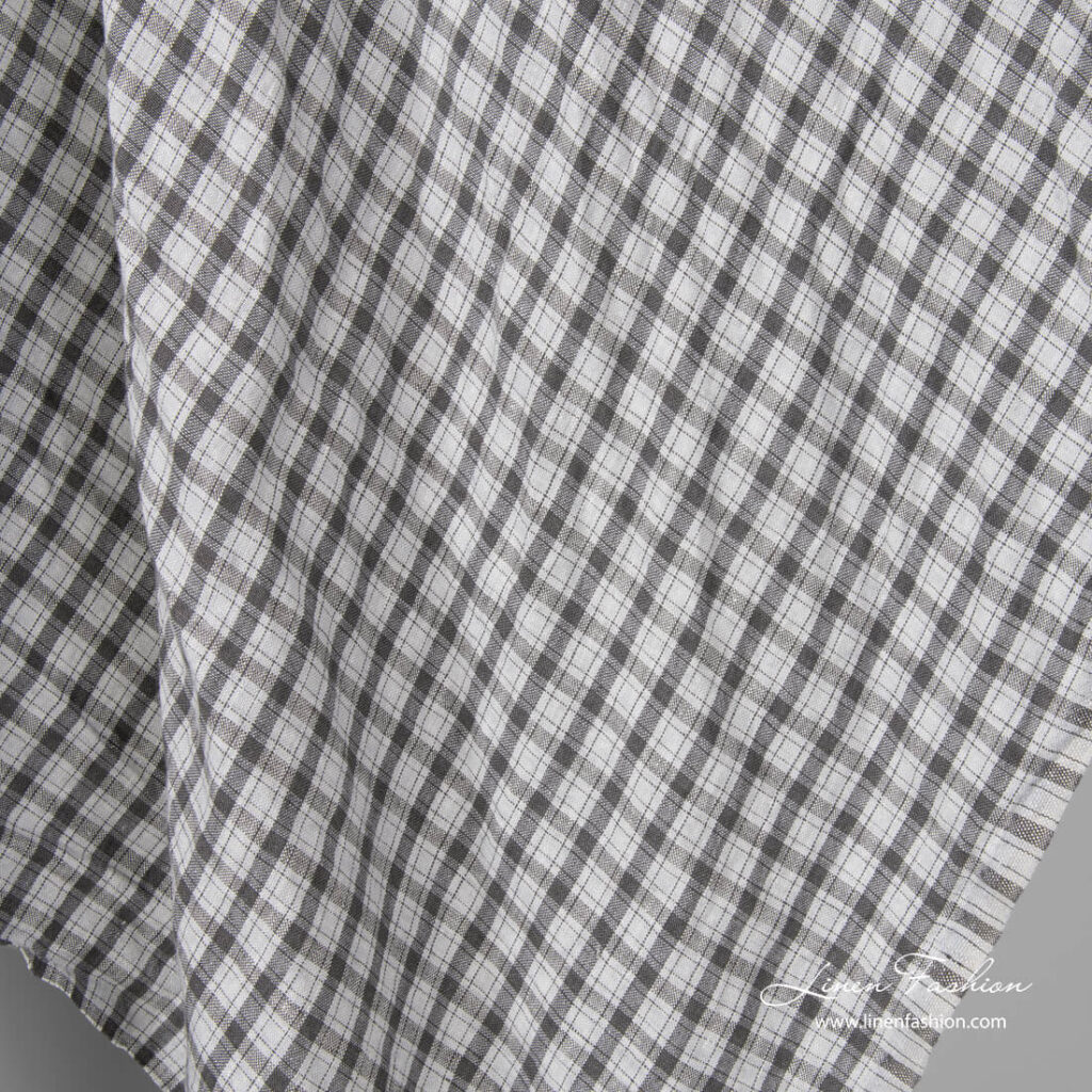 Tissu à carreaux gris foncé en pur lin lavé 3 Washed light grey and dark grey check linen fabric