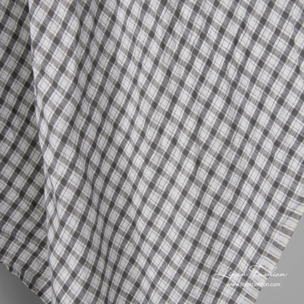 Washed light grey and dark grey check linen fabric