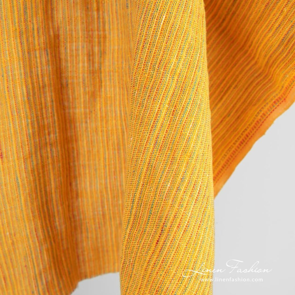 Tissu de lin jaune lavé à rayures multicolores 2 Yellow linen fabric in stripes