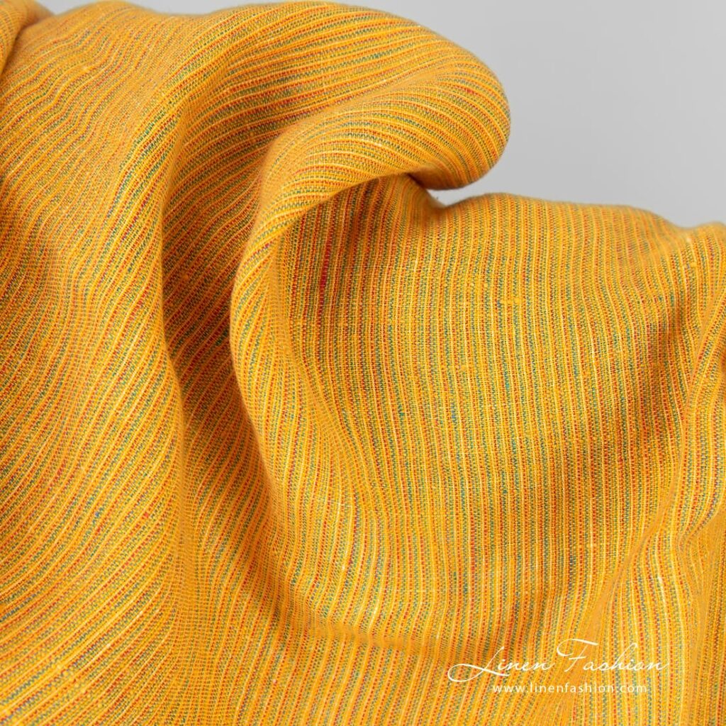 Tissu de lin jaune lavé à rayures multicolores 3 Yellow linen fabric in narrow stripes