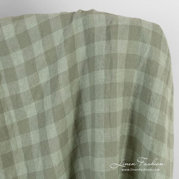 Linen fabric in green checks, washed