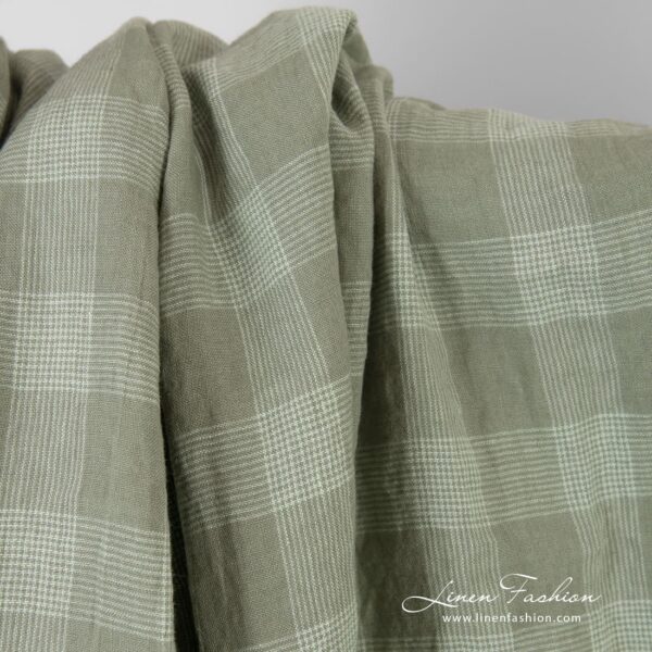 Linen fabric in green checks, specially washed to increase softness