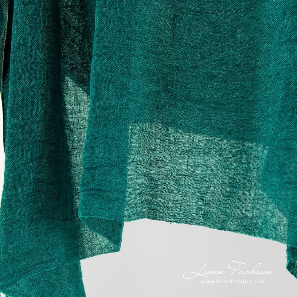 Tissu en gaze de lin lavée vert sarcelle 4 Teal green washed linen fabric, gauze.