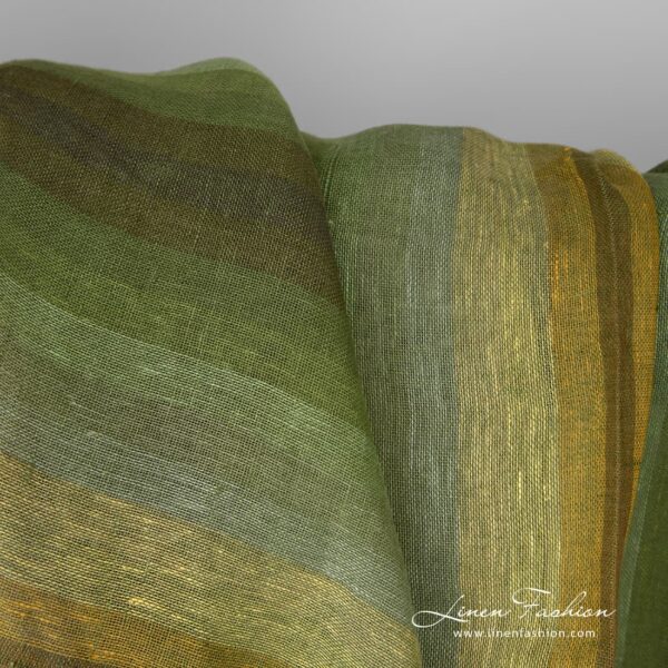 Transparent, sheer gauzy green striped linen fabric