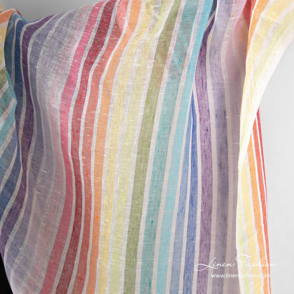Tissu en gaze de lin rayé arc-en-ciel 1 Gauze linen fabric rainbow striped