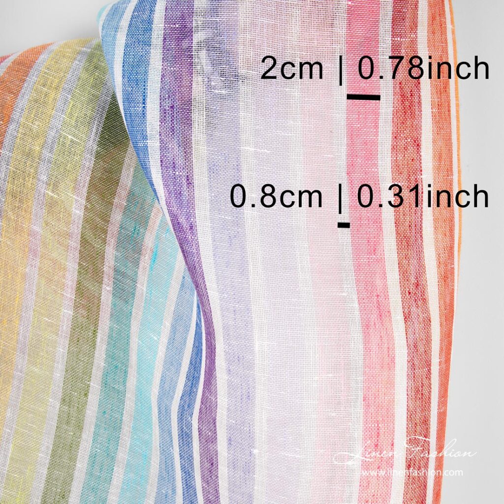 Tissu en gaze de lin rayé arc-en-ciel 4 Rainbow striped linen - width in cm & inch