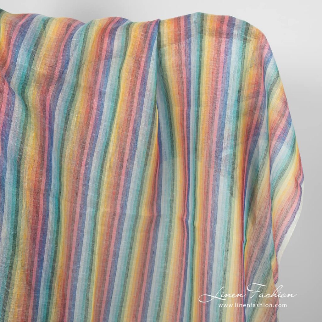 Tissu de lin rayé couleurs arc-en-ciel transparent 1 Linen fabric striped rainbow colours transparent