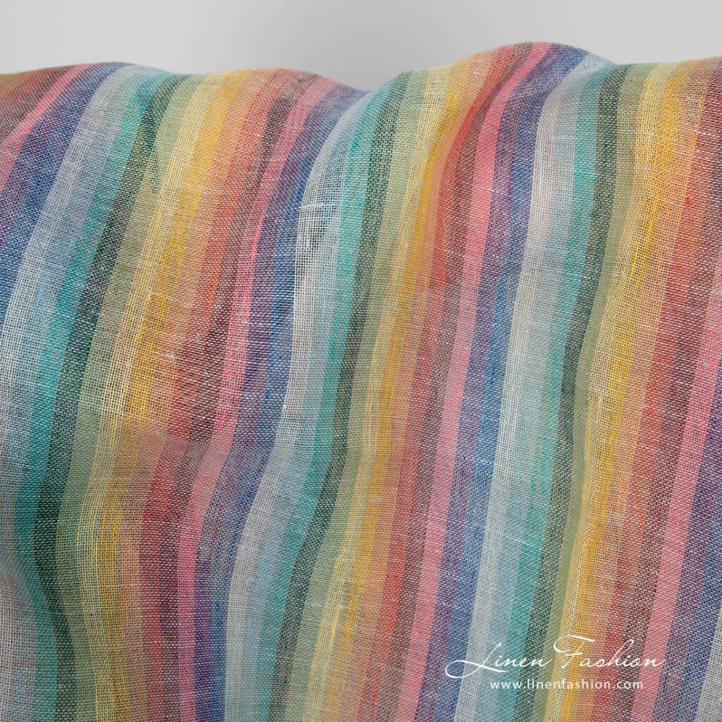 Tissu de lin rayé couleurs arc-en-ciel transparent 2 Linen fabric striped rainbow colours transparent product close view